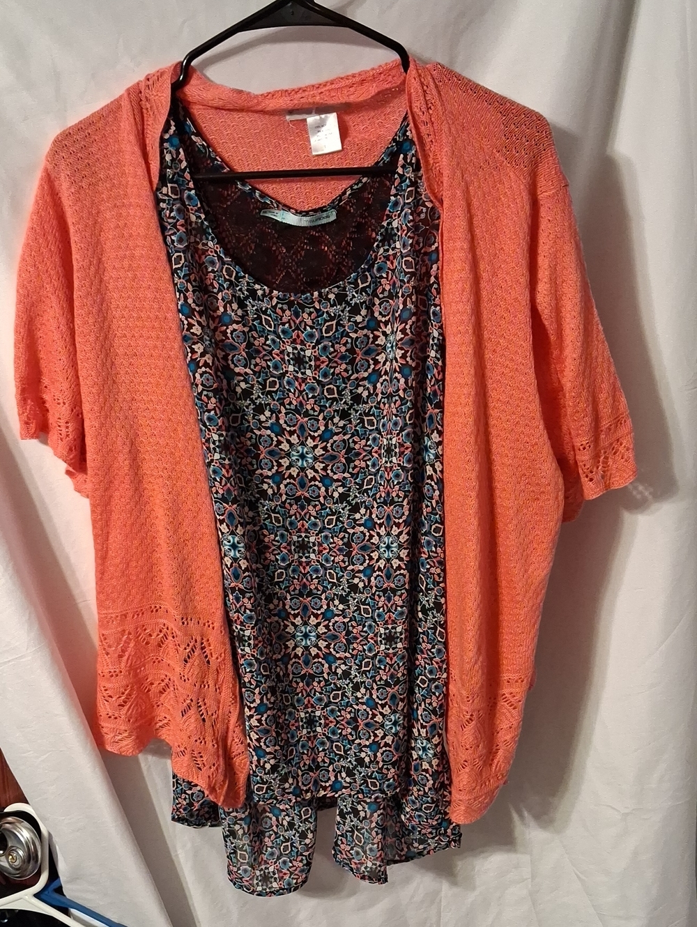 Maurices Coral Open-Knit Cardigan with Navy Patterned Tank